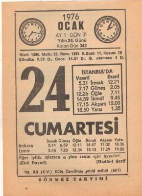 24 Ocak 1976 Takvim Yaprağı EFM(N)4825 - 1