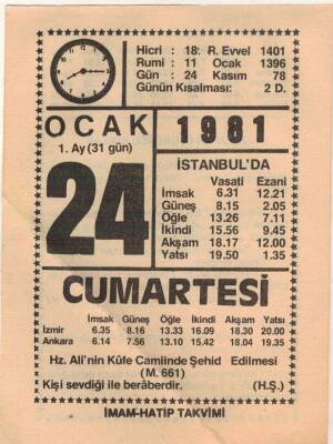 24 Ocak 1981 Takvim Yaprağı EFM(N)4670 - 1