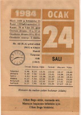 24 Ocak 1984 Takvim Yaprağı EFM(N)4763 - 1