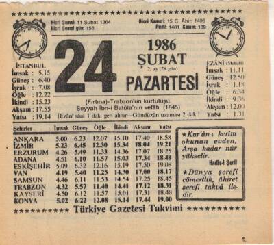 24 Şubat 1986 Takvim Yaprağı EFM(N)5235 - 1