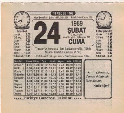 24 Şubat 1989 Takvim Yaprağı EFM(N)5376 - 1