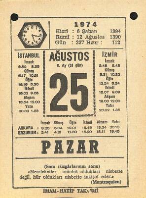 25 Ağustos 1974 Takvim Yaprağı - Doğum Günü Hediyesi EFM(N)12182 - 1