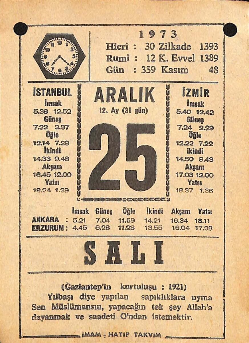 25 Aralık 1973 Takvim Yaprağı - Doğum Günü Hediyesi EFMN13662 - 1