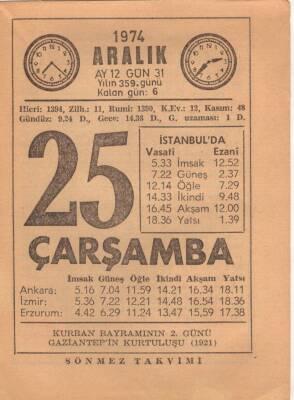 25 Aralık 1974 Takvim Yaprağı EFM(N)4307 - 3