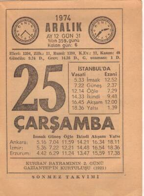 25 Aralık 1974 Takvim Yaprağı EFM(N)4307 - 1