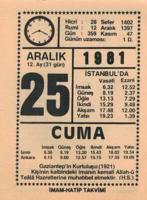 25 Aralık 1981 Takvim Yaprağı EFM(N)4430 - 3