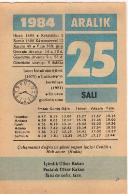 25 Aralık 1984 Takvim Yaprağı EFM(N)4184 - 2