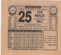 25 Aralık 1990 Takvim Yaprağı EFM(N)4153 - 3