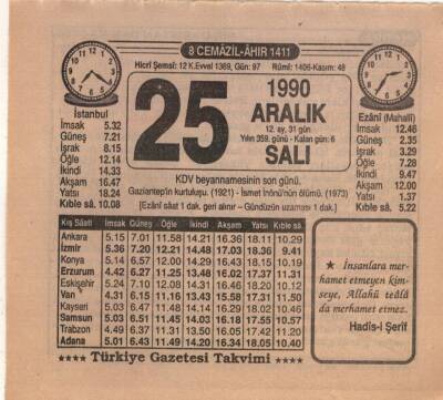 25 Aralık 1990 Takvim Yaprağı EFM(N)4153 - 3