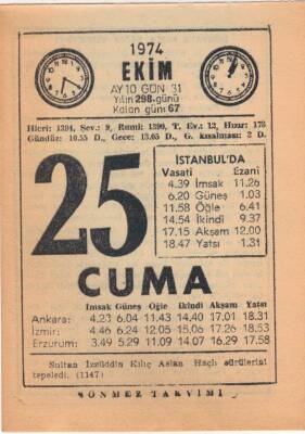 25 Ekim 1974 Takvim Yaprağı EFM(N)2995 - 3