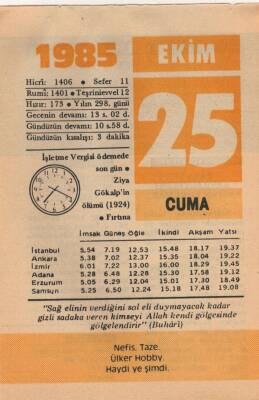 25 Ekim 1985 Takvim Yaprağı EFM(N)3057 - 3