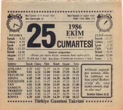 25 Ekim 1986 Takvim Yaprağı EFM(N)3088 - 3