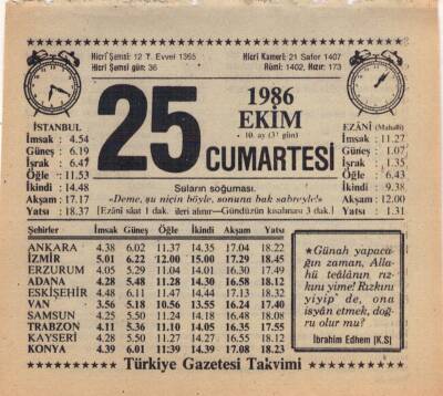 25 Ekim 1986 Takvim Yaprağı EFM(N)3088 - 2