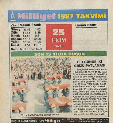 25 Ekim 1987 Resimli Takvim Yaprağı - Doğum Günü Hediyesi EFM(N)10523 - 2