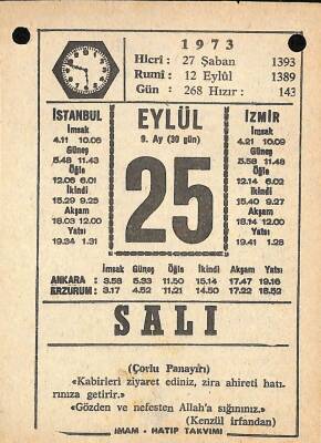 25 Eylül 1973 Takvim Yaprağı - Doğum Günü Hediyesi EFM(N)9871 - 1