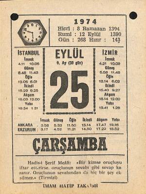 25 Eylül 1974 Takvim Yaprağı - Doğum Günü Hediyesi EFM(N)12348 - 1