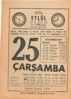 25 Eylül 1974 Takvim Yaprağı EFM(N)2812 - 3