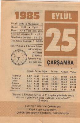 25 Eylül 1985 Takvim Yaprağı EFM(N)2829 - 4