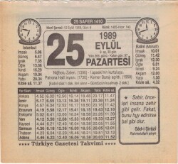 25 Eylül 1989 Takvim Yaprağı EFM(N)2863 - 3