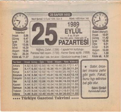 25 Eylül 1989 Takvim Yaprağı EFM(N)2863 - 1