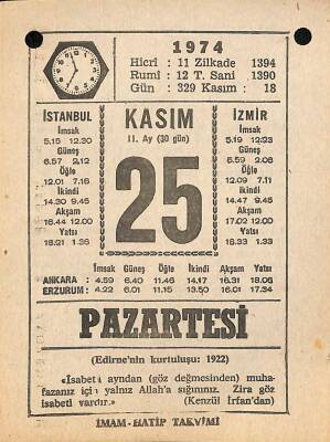 25 Kasım 1974 Takvim Yaprağı - Doğum Günü Hediyesi EFM(N)10787 - 1