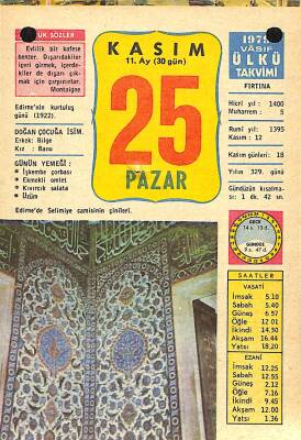 25 Kasım 1979 Takvim Yaprağı - Doğum Günü Hediyesi EFM(N)11680 - 1