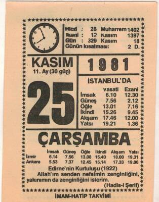 25 Kasım 1981 Takvim Yaprağı EFM(N)4277 - 2