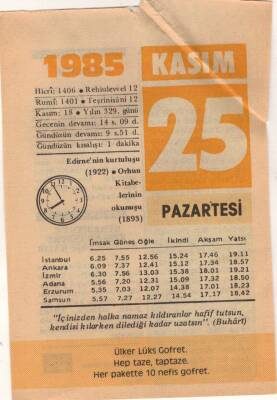 25 Kasım 1985 Takvim Yaprağı EFM(N)3395 - 3