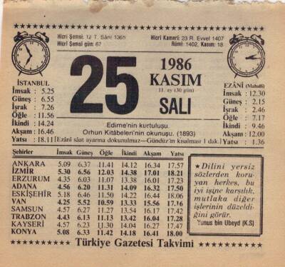 25 Kasım 1986 Takvim Yaprağı EFM(N)3425 - 3