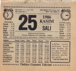 25 Kasım 1986 Takvim Yaprağı EFM(N)3425 - 2