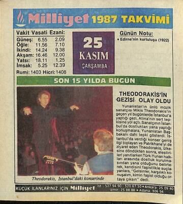 25 Kasım 1987 Takvim Yaprağı - Doğum Günü Hediyesi EFM(N)11854 - 1