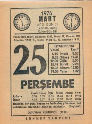 25 Mart 1976 Takvim Yaprağı EFM(N)5966 - 2