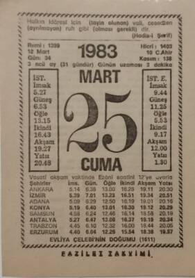 25 Mart 1983 Takvim Yaprağı - Doğum Günü Hediyesi EFM(N)7938 - 2