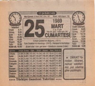 25 Mart 1989 Takvim Yaprağı EFM(N)5873 - 3