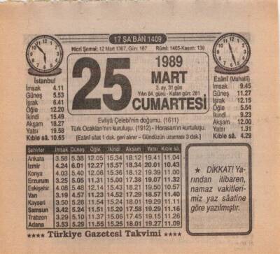 25 Mart 1989 Takvim Yaprağı EFM(N)5873 - 2