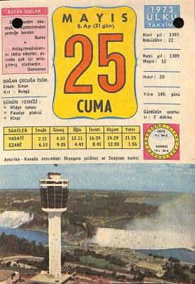 25 Mayıs 1973 Takvim Yaprağı - Doğum Günü Hediyesi EFM(N)9350 - 1