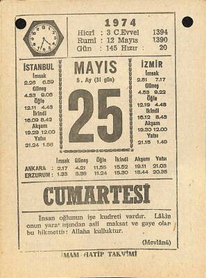 25 Mayıs 1974 Takvim Yaprağı - Doğum Günü Hediyesi EFM(N)11981 - 1