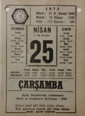 25 Nisan 1973 Takvim Yaprağı - Doğum Günü Hediyesi EFM(N)8122 - 2