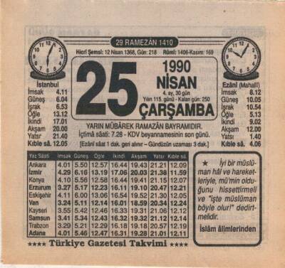 25 Nisan 1990 Takvim Yaprağı EFM(N)6178 - 1