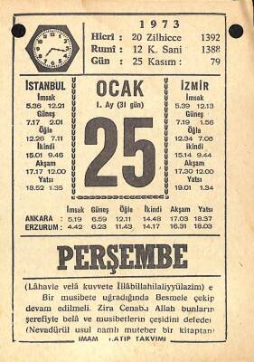 25 Ocak 1973 Takvim Yaprağı - Doğum Günü Hediyesi EFM(N)10833 - 2