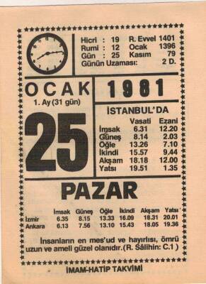 25 Ocak 1981 Takvim Yaprağı EFM(N)4671 - 1