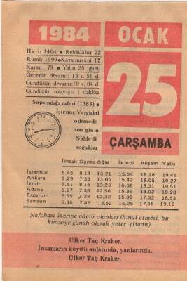 25 Ocak 1984 Takvim Yaprağı EFM(N)4764 - 1