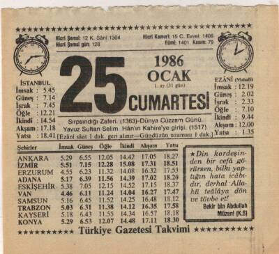 25 Ocak 1986 Takvim Yaprağı EFM(N)5043 - 1