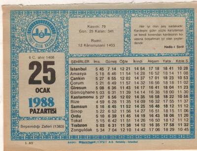 25 Ocak 1988 Takvim Yaprağı EFM(N)4919 - 1