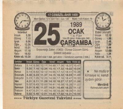 25 Ocak 1989 Takvim Yaprağı EFM(N)4733 - 1