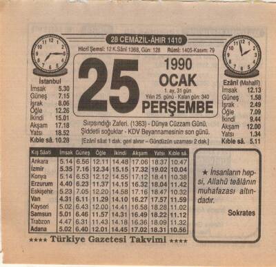 25 Ocak 1990 Takvim Yaprağı EFM(N)4702 - 1