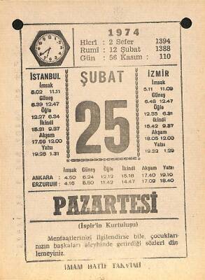 25 Şubat 1974 Takvim Yaprağı - Doğum Günü Hediyesi EFM(N)12311 - 1