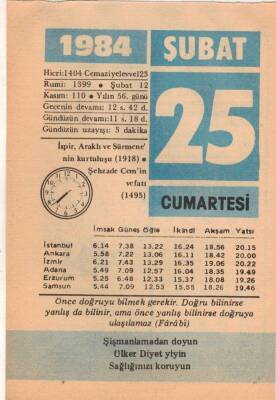 25 Şubat 1984 Takvim Yaprağı EFM(N)5348 - 1