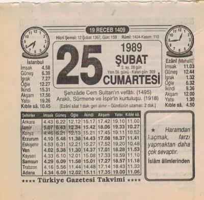 25 Şubat 1989 Takvim Yaprağı EFM(N)5377 - 1