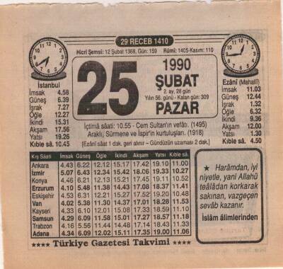 25 Şubat 1990 Takvim Yaprağı EFM(N)5208 - 1